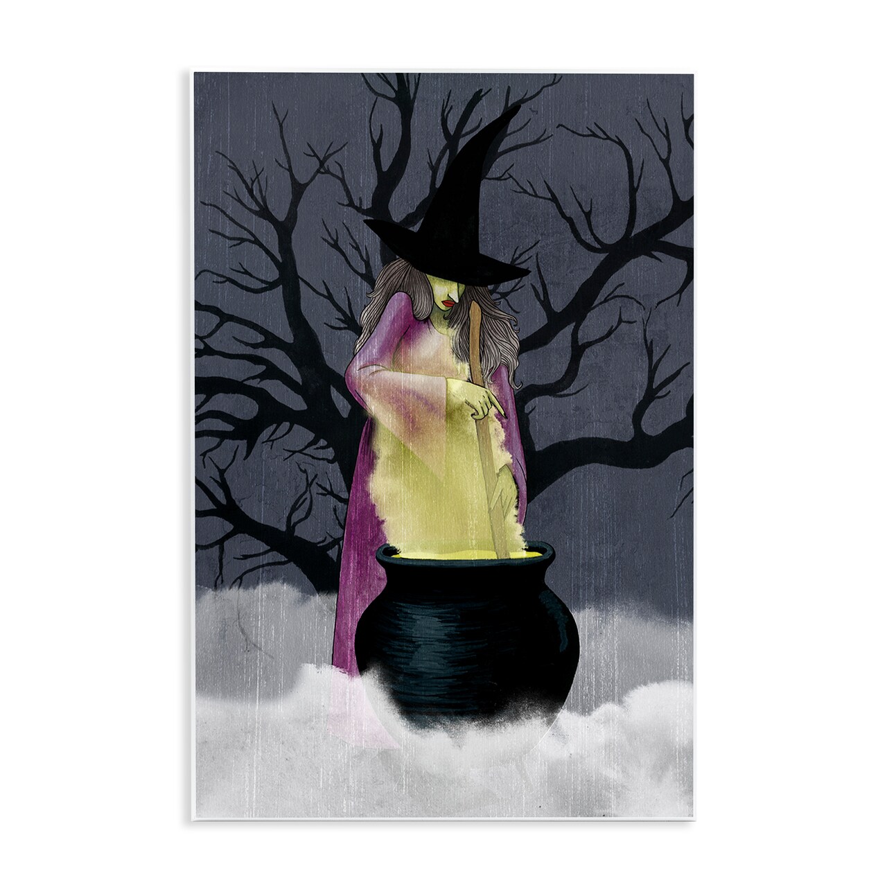 Witch Stirring Smokey Cauldron Spooky Halloween Night Wall Plaque Art